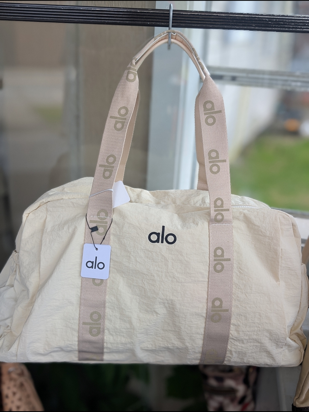 ALO Yoga Cream Canvas Weekender Bag with Beige Logo Straps